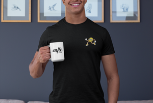 Man wearing a black tee shirt with Crime Coin design by enfte. Man holding a white coffee mug with classic enfte Minted logo. 